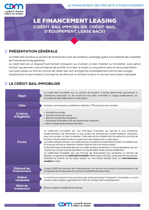 Première page de Crédit du Maroc — Notice du crédit-bail d’investissement