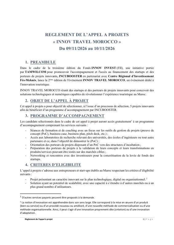 Première page de INNOV TRAVEL MOROCCO — Règlement de la 2e édition 2026