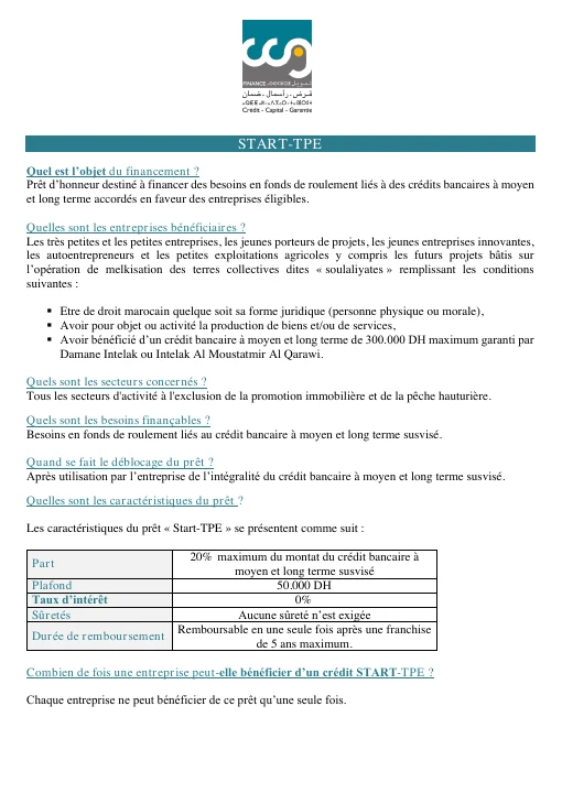 Première page de Start-TPE — Fiche produit Tamwilcom
