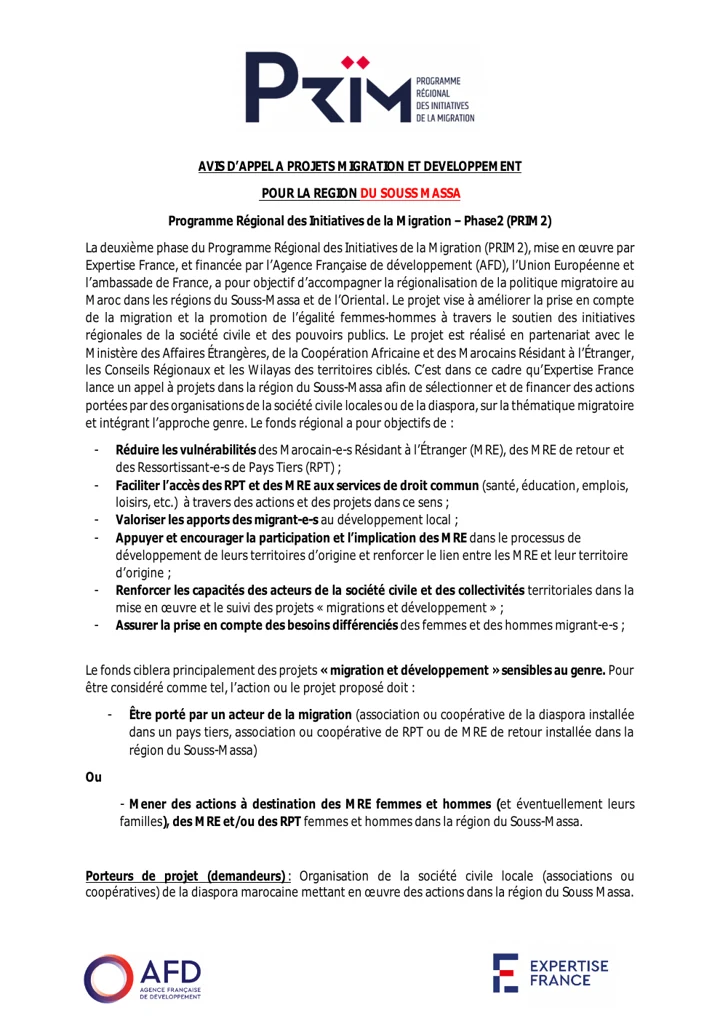 Première page de PRIM2 — Avis migration et développement Souss-Massa 2026 · français
